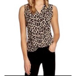 INC International Concepts Brown V-Neck Lace Up Animal Print Blouse Small